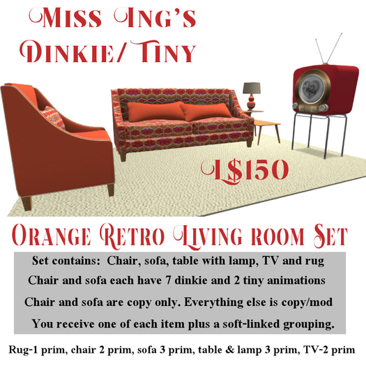 Second Life Marketplace Miss Ing's DT Orange Retro Living Room Set